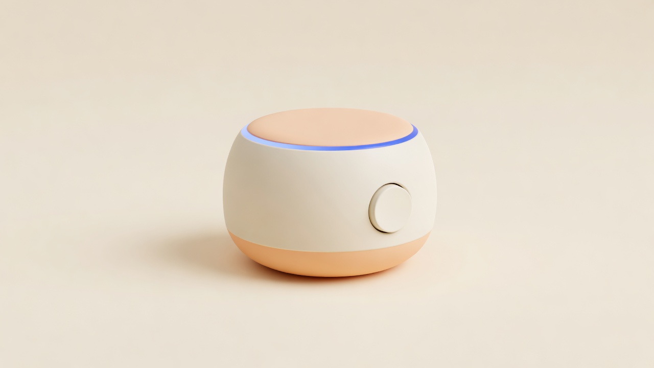 A soft, rounded child-safe Lumi companion device with a glowing LED ring and a single talk button