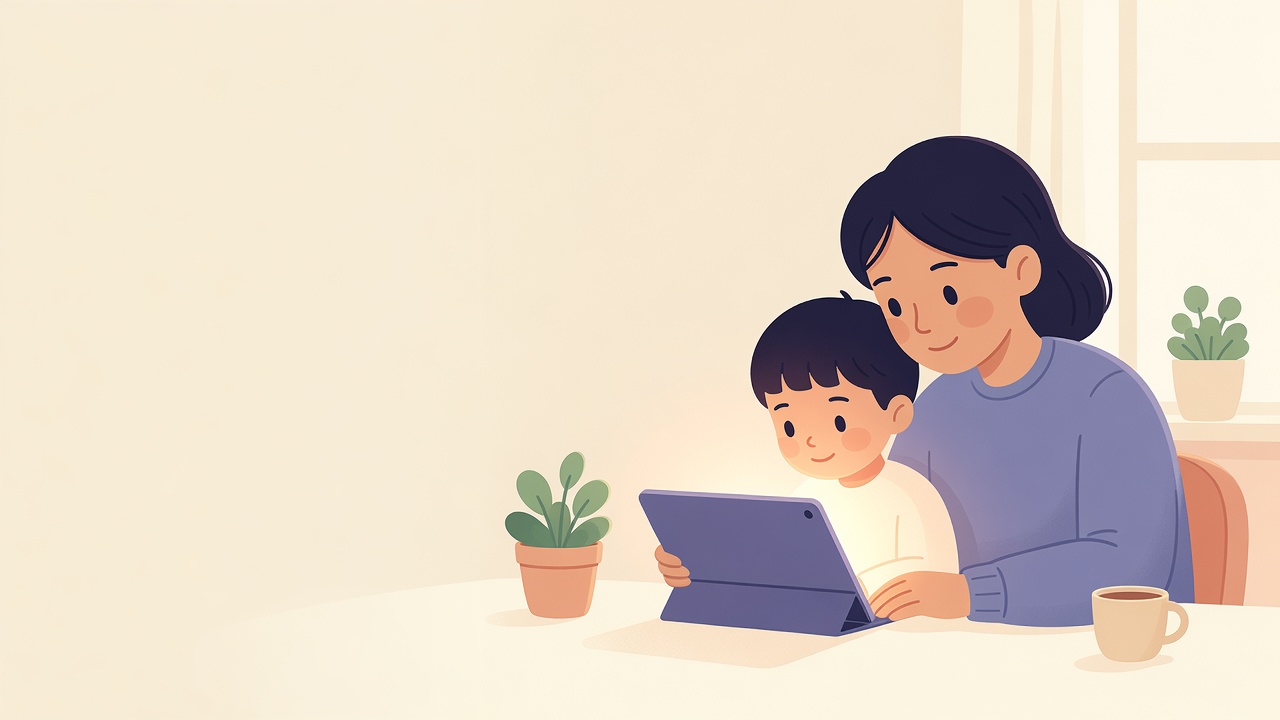 A parent and child learning together at home with a tablet